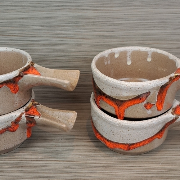 VINTAGE Laurentian pottery set of 4 soup bowl orange lava drip glaze # 643 - Picture 15 of 16